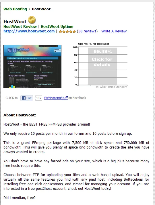 WebHostingStuff listing for HostWoot with 38 reviews, a 99.49% uptime chart and the About HostWoot text