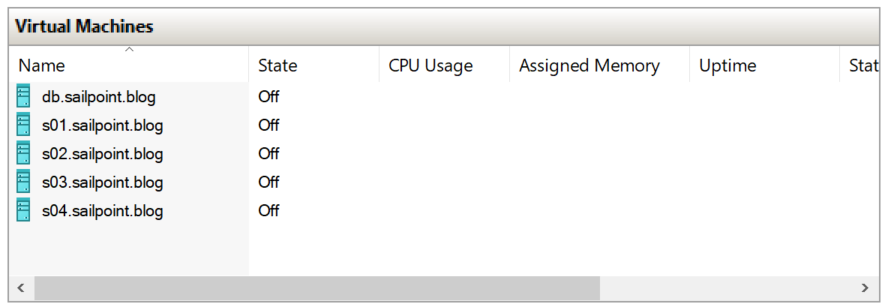 Hyper-V interface showing 5 virtual machines