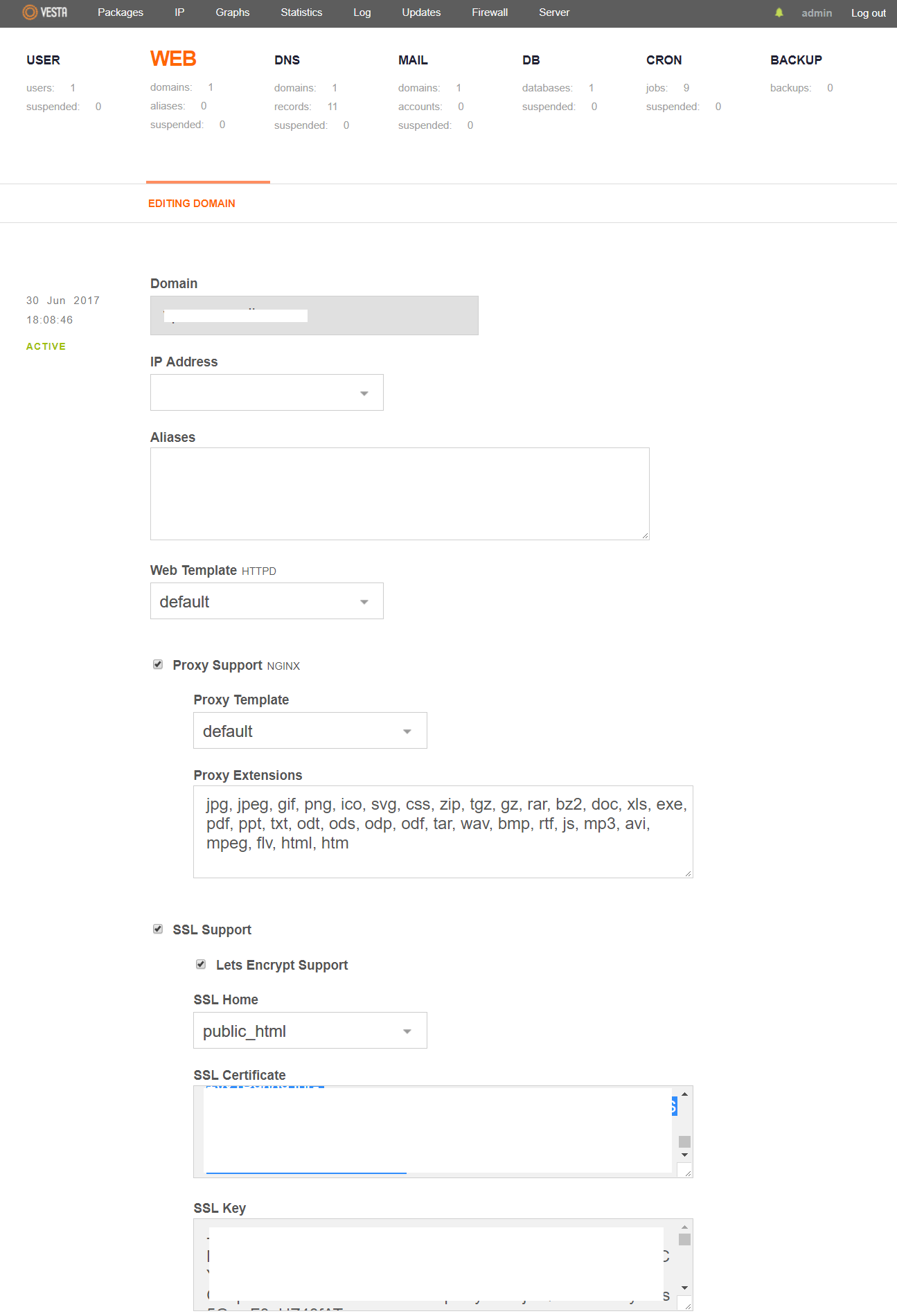 VestaCP domain edit page with SSL Support and Lets Encrypt Support ticked and the SSL certificate and key fields filled in