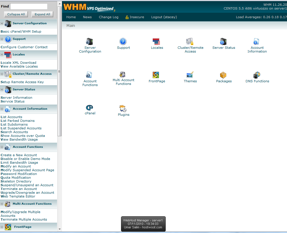 WHM home page with the Server Configuration section in the left menu